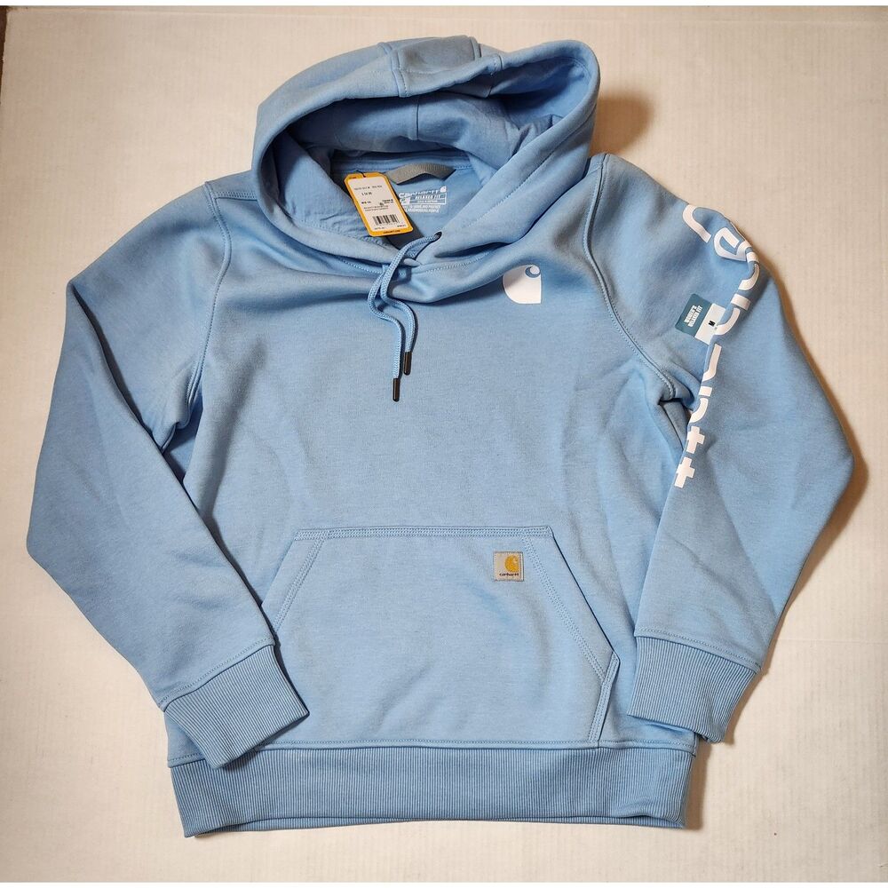 Carhartt Women’s Relaxed Fit Midweight Logo Sleeve Hoodie Medium Light Blue